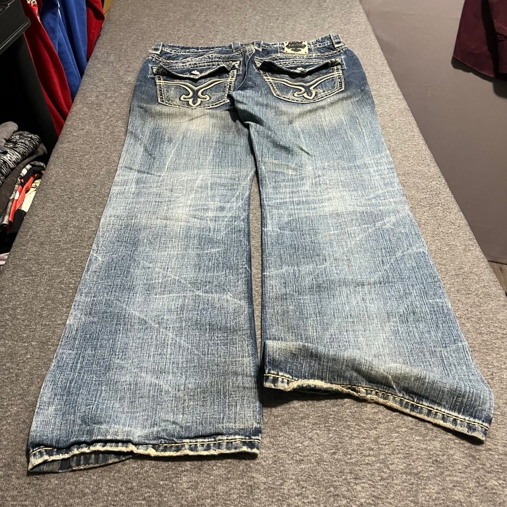 Rock Revival Casey Bootcut Jeans Mens 36x34 Blue Distressed Fleur De Lis Flap